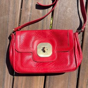 Small Longchamp cherry red crossbody purse.